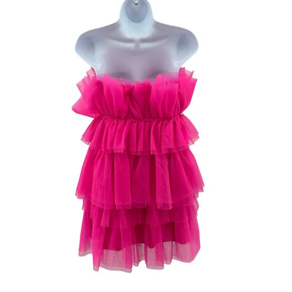 Thirty Thirty Strapless Ruffle Tulle Mini Dress WMNS L Hot Pink Tiered Slim Fit - Picture 7 of 11